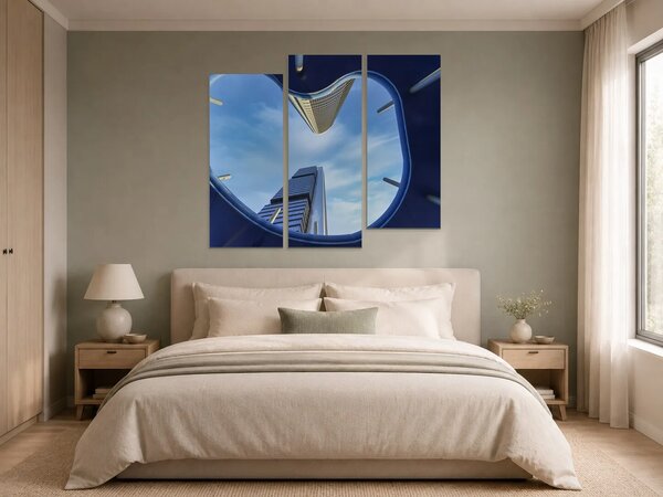 Pohled vzhůru mezi moderními mrakodrapy – Třídílný obraz C, 120 × 100 cm