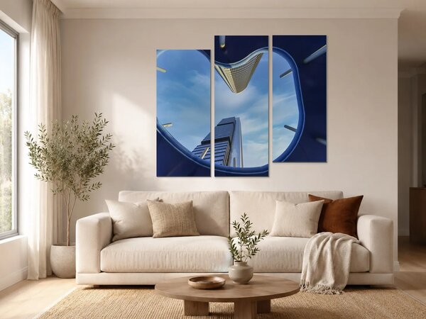 Pohled vzhůru mezi moderními mrakodrapy – Třídílný obraz C, 120 × 100 cm