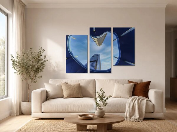 Pohled vzhůru mezi moderními mrakodrapy – Třídílný obraz C, 90 × 60 cm