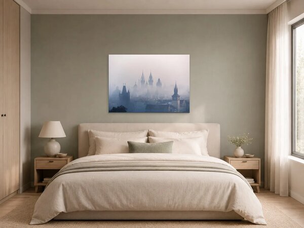 Mlhavé věže Prahy – Jednodílný obraz, 70 × 50 cm