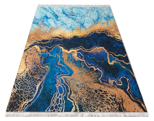 DY Modrý koberec se zlatým abstraktním vzorem Horeca-New 111S Rozměr: 80x150 cm