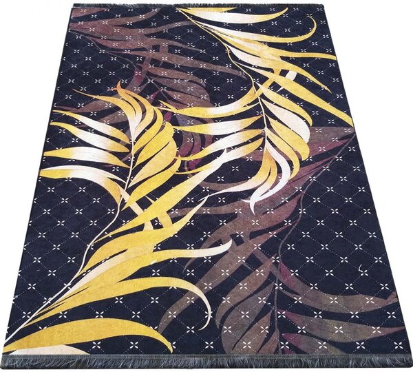 Makro Abra Moderní kusový koberec BLACK and GOLD 08 Listí protiskluzový modrý zlatý černý Rozměr: 80x150 cm