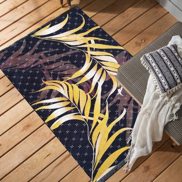Makro Abra Moderní kusový koberec BLACK and GOLD 08 Listí protiskluzový modrý zlatý černý Rozměr: 80x150 cm