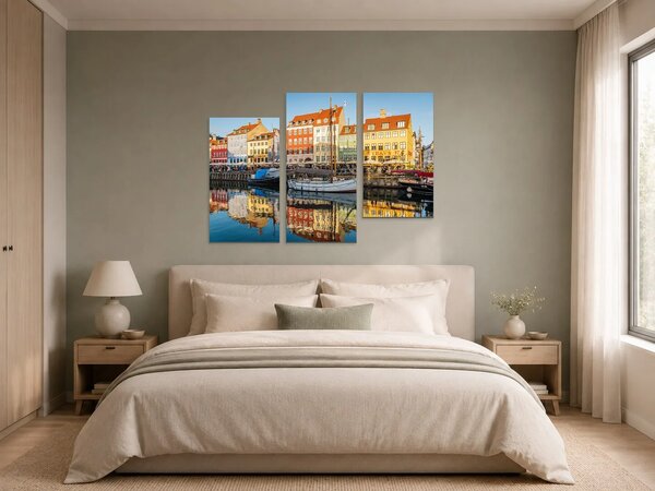 Barevný přístav Nyhavn v Kodani – Třídílný obraz C, 90 × 60 cm