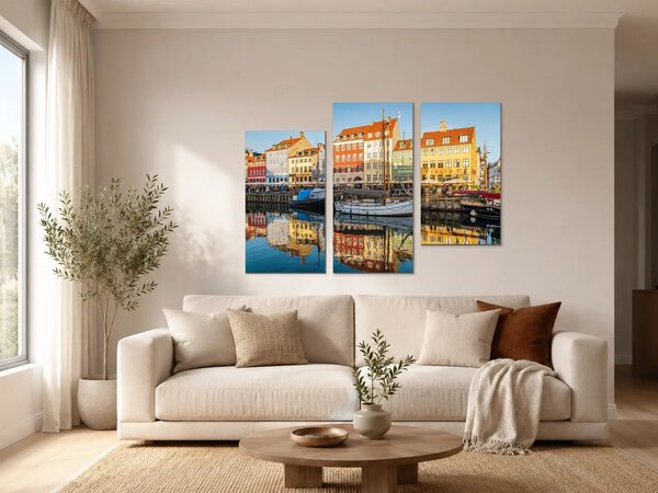 Barevný přístav Nyhavn v Kodani – Třídílný obraz C, 90 × 60 cm