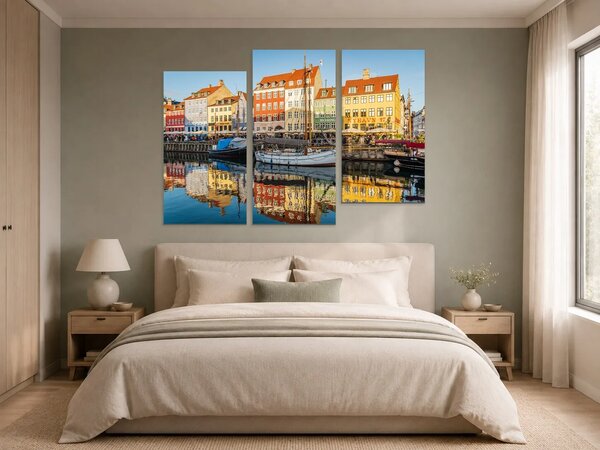 Barevný přístav Nyhavn v Kodani – Třídílný obraz C, 120 × 80 cm