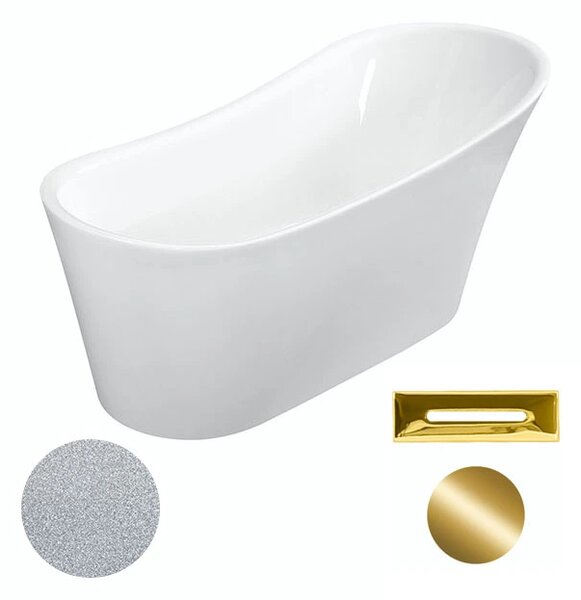 Besco Akrylátová volně stojící vana Calima Glam S 170x74 Barva: Bílá/stříbrná, Rozměry (cm): 170x74, Typ a barva výpustě: Click-Clack s přepadem, zlatá
