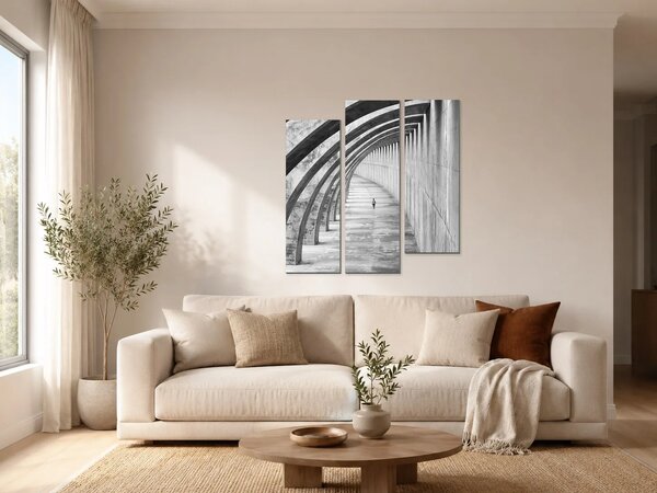 Betonová chodba s oblouky – Třídílný obraz C, 90 × 90 cm