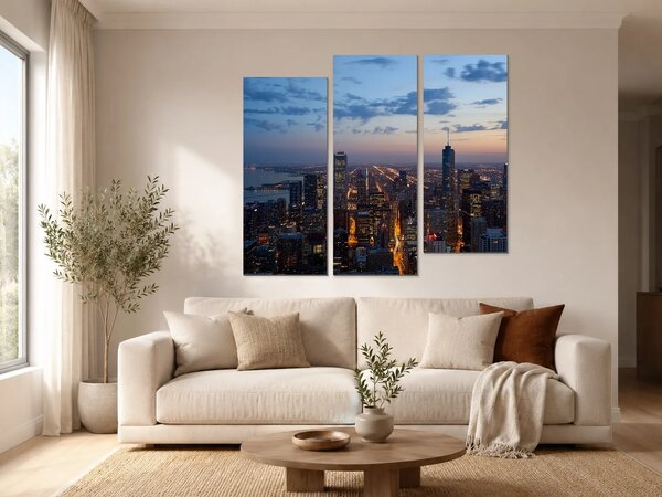 Panorama Chicaga při soumraku – Třídílný obraz C, 120 × 100 cm
