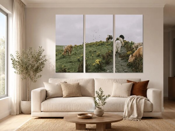 Skot na horské pastvině – Třídílný obraz A, 150 × 100 cm