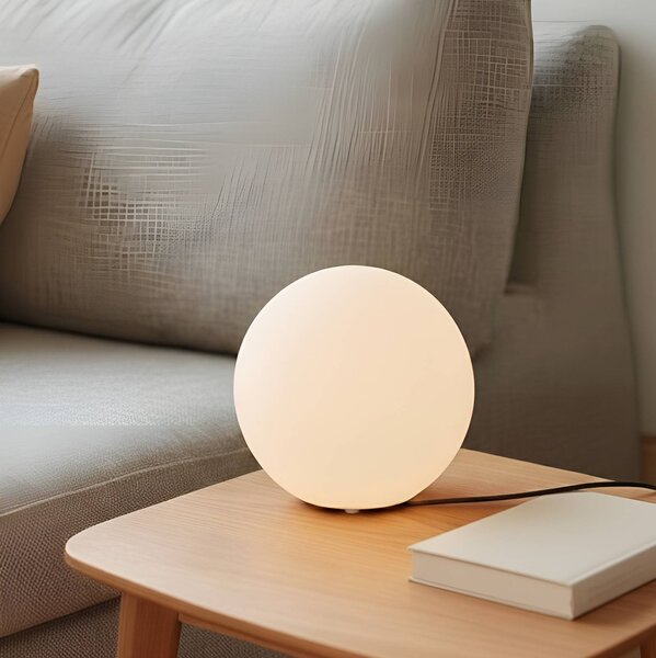 Lindby Stolní lampa Marike, bílá, sklo, globus, Ø 25 cm, E27, Bílá / opál, Obývací pokoj / jídelna, Sklo, Moderní, Tischleuchte andere