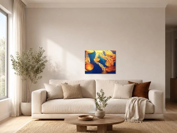 Zlatavé medúzy v modré hlubině – Jednodílný obraz, 60 × 40 cm