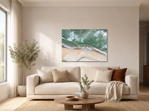 Příboj na písečné pláži z výšky – Jednodílný obraz, 70 × 50 cm