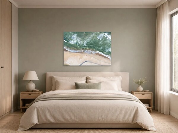 Příboj na písečné pláži z výšky – Jednodílný obraz, 70 × 50 cm