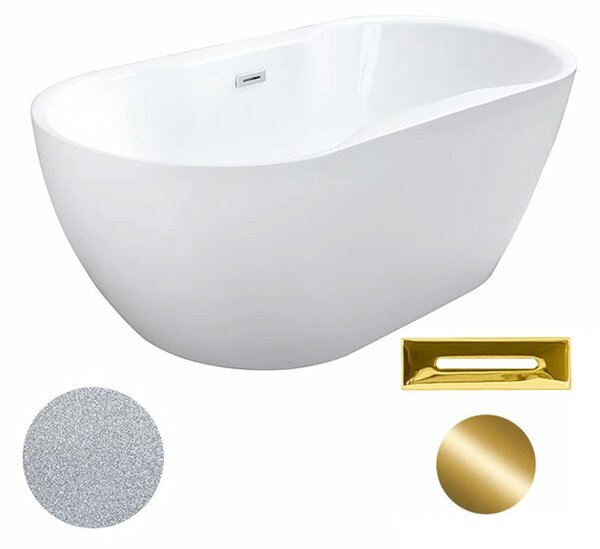 Besco Akrylátová volně stojící vana Navia Glam S 140x75 (150x80, 160x80) Barva: Bílá/stříbrná, Rozměry (cm): 140x75, Typ a barva výpustě: Click-Clack s přepadem, zlatá