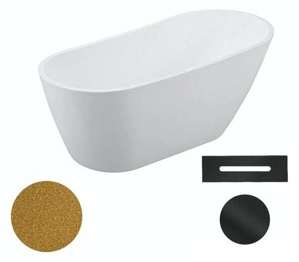 Besco Akrylátová volně stojící vana Melody Glam Z 150x80 (170x80) Barva: Bílá/zlatá, Rozměry (cm): 150x80, Typ a barva výpustě: Click-Clack s přepadem, černá