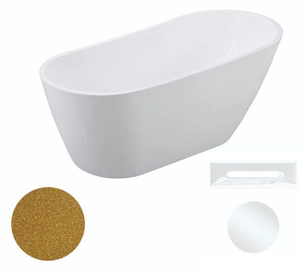 Besco Akrylátová volně stojící vana Melody Glam Z 150x80 (170x80) Barva: Bílá/zlatá, Rozměry (cm): 150x80, Typ a barva výpustě: Click-Clack s přepadem, černá