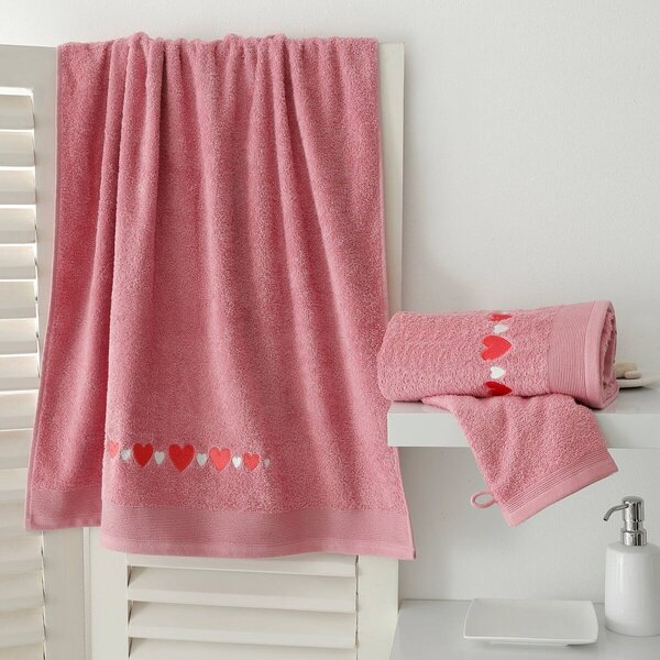 Koupelnový textil s výšivkou srdcí starorůžová ručník 50x100 cm+žínka