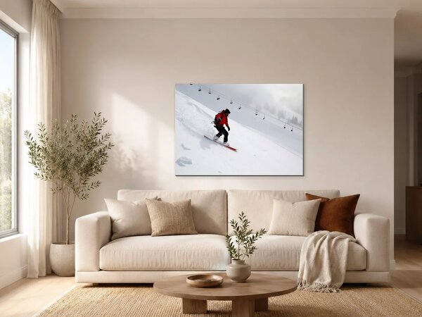 Snowboardista na zasněženém svahu – Jednodílný obraz, 70 × 50 cm