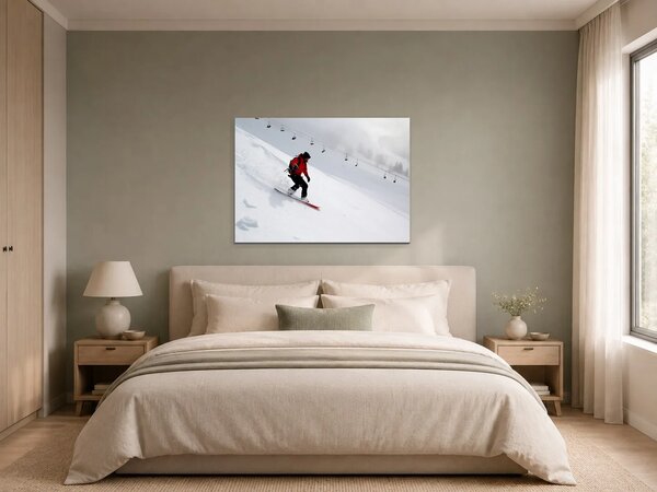 Snowboardista na zasněženém svahu – Jednodílný obraz, 70 × 50 cm