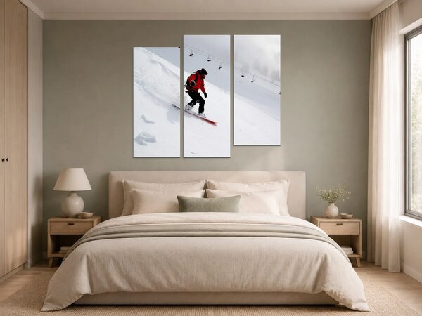 Snowboardista na zasněženém svahu – Třídílný obraz C, 150 × 100 cm