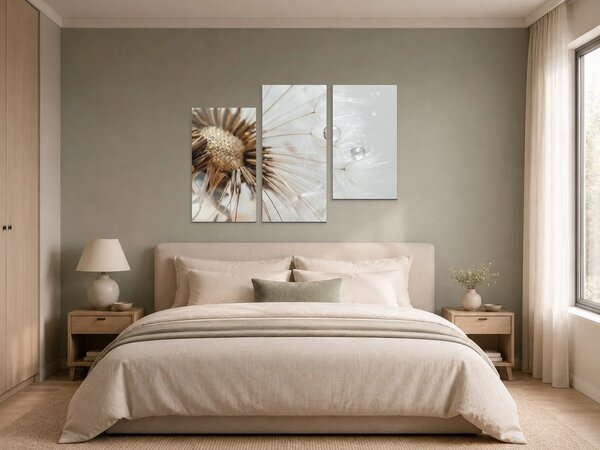 Detail odkvetlé pampelišky s kapkami rosy – Třídílný obraz C, 90 × 60 cm