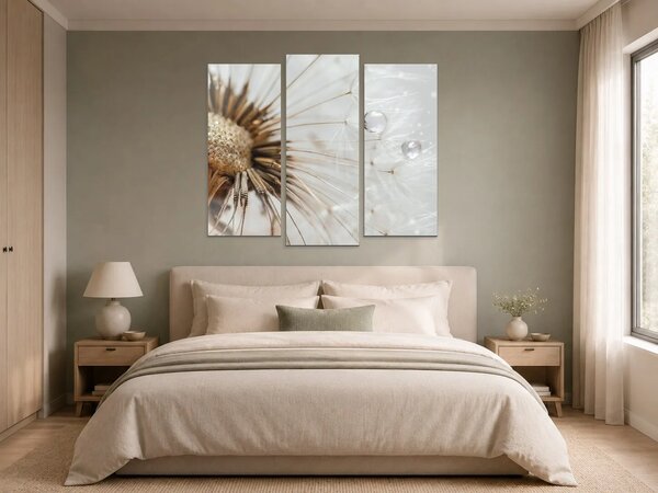 Detail odkvetlé pampelišky s kapkami rosy – Třídílný obraz B, 120 × 100 cm