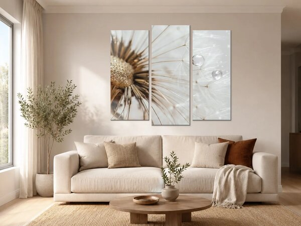 Detail odkvetlé pampelišky s kapkami rosy – Třídílný obraz B, 120 × 100 cm