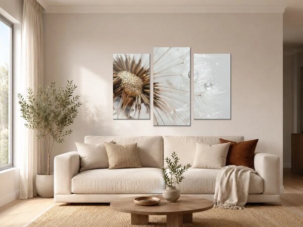 Detail odkvetlé pampelišky s kapkami rosy – Třídílný obraz B, 90 × 60 cm