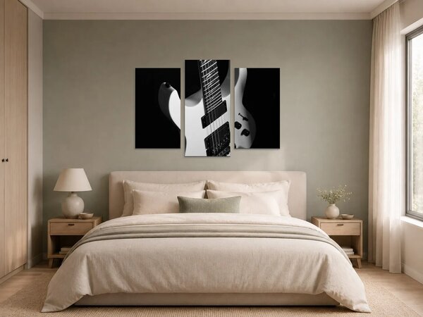 Černobílá elektrická kytara – Třídílný obraz B, 90 × 60 cm