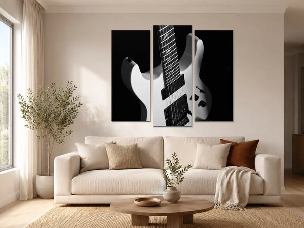 Černobílá elektrická kytara – Třídílný obraz B, 120 × 100 cm