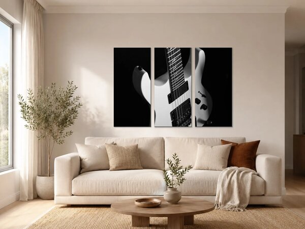Černobílá elektrická kytara – Třídílný obraz A, 90 × 60 cm