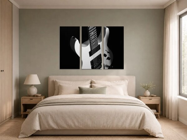 Černobílá elektrická kytara – Třídílný obraz A, 90 × 60 cm