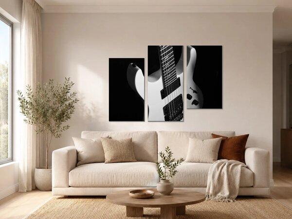 Černobílá elektrická kytara – Třídílný obraz C, 90 × 60 cm