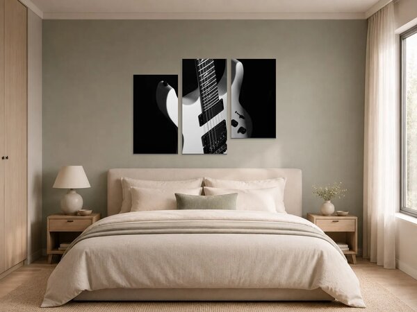 Černobílá elektrická kytara – Třídílný obraz C, 90 × 60 cm