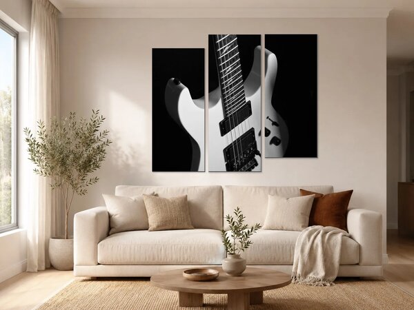 Černobílá elektrická kytara – Třídílný obraz C, 120 × 100 cm