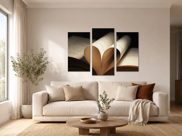 Srdce z otevřené knihy – Třídílný obraz B, 90 × 60 cm
