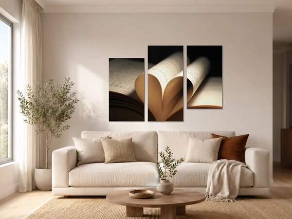 Srdce z otevřené knihy – Třídílný obraz C, 90 × 60 cm
