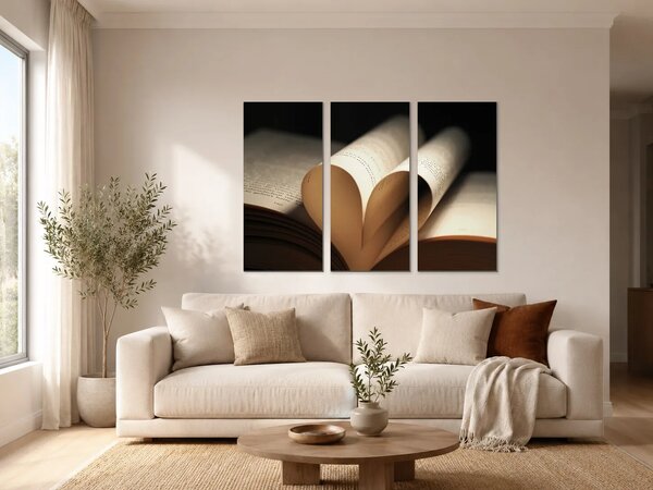Srdce z otevřené knihy – Třídílný obraz A, 90 × 60 cm