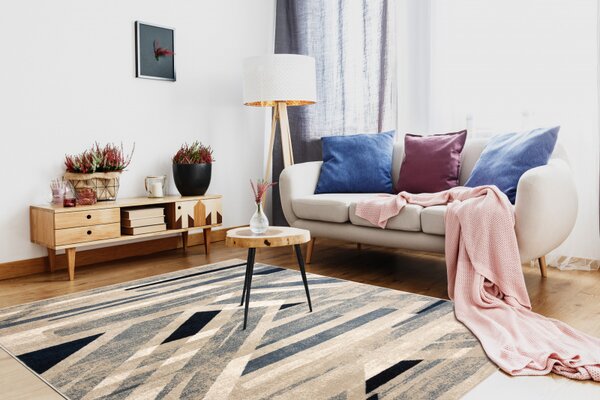 Makro Abra Vlněný kusový koberec NAIN 7706/51955 Geometrický moderní béžový modrý Rozměr: 80x150 cm
