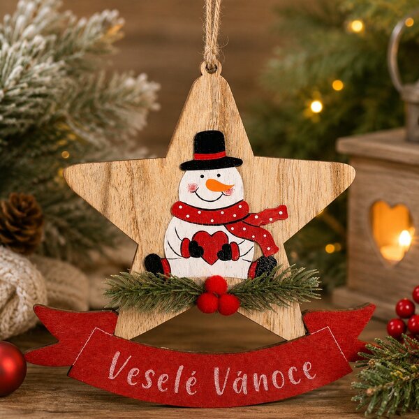 Vánoční závěsná hvězda se sněhulákem „Veselé Vánoce“, 15 cm 3ks 3001140-1