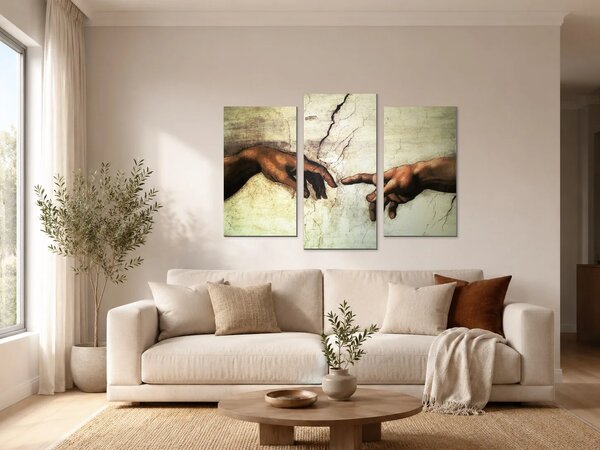 Dotek dvou rukou ve stylu renesanční fresky – Třídílný obraz B, 90 × 60 cm