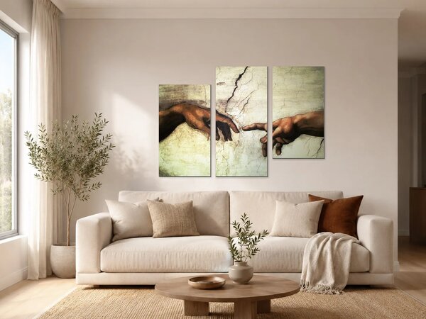 Dotek dvou rukou ve stylu renesanční fresky – Třídílný obraz C, 90 × 60 cm