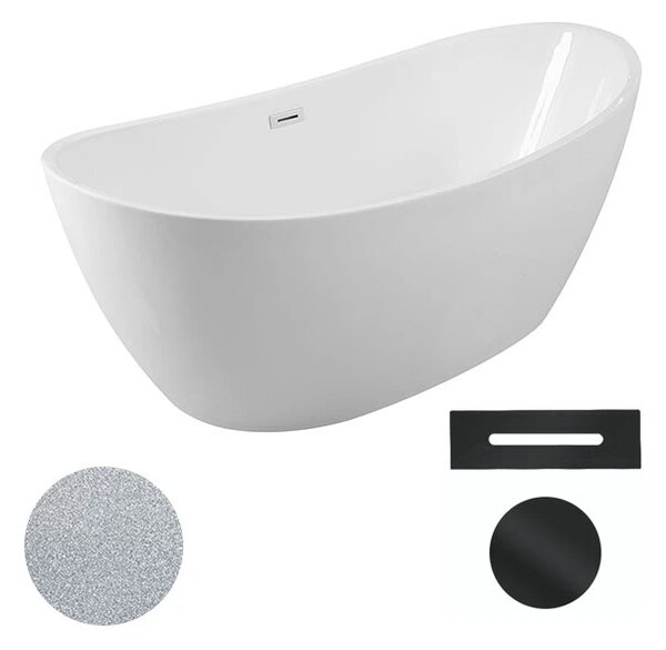 Besco Akrylátová volně stojící vana Ayla Glam S 170x80 Barva: Bílá/stříbrná, Rozměry (cm): 170x80, Typ a barva výpustě: Click-Clack s přepadem, grafit