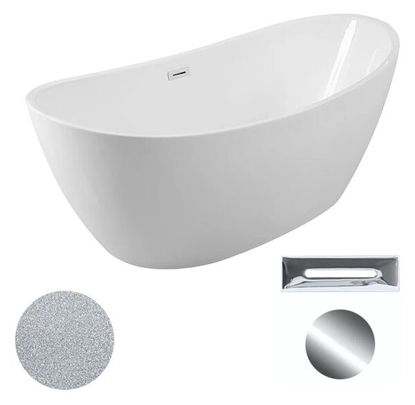 Besco Akrylátová volně stojící vana Ayla Glam S 170x80 Barva: Bílá/stříbrná, Rozměry (cm): 170x80, Typ a barva výpustě: Click-Clack s přepadem, grafit