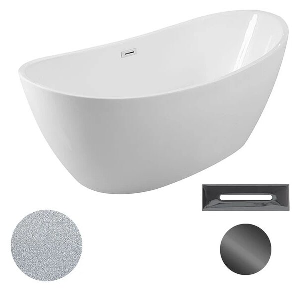 Besco Akrylátová volně stojící vana Ayla Glam S 170x80 Barva: Bílá/stříbrná, Rozměry (cm): 170x80, Typ a barva výpustě: Click-Clack s přepadem, grafit