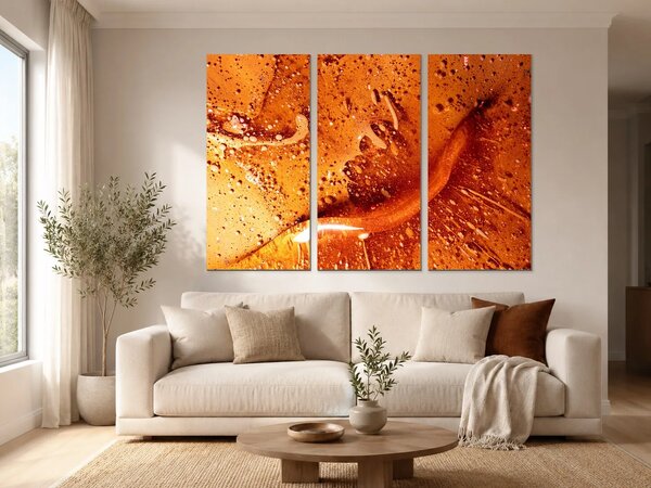 Jantarová abstrakce s kapkami – Třídílný obraz A, 150 × 100 cm