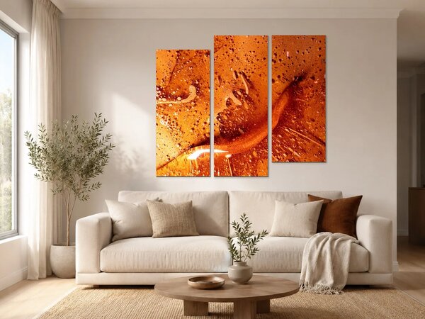 Jantarová abstrakce s kapkami – Třídílný obraz C, 120 × 100 cm