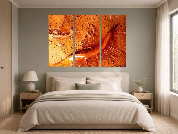 Jantarová abstrakce s kapkami – Třídílný obraz A, 150 × 100 cm