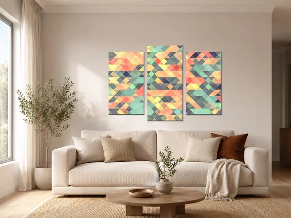 Pastelová geometrická mozaika – Třídílný obraz B, 90 × 60 cm